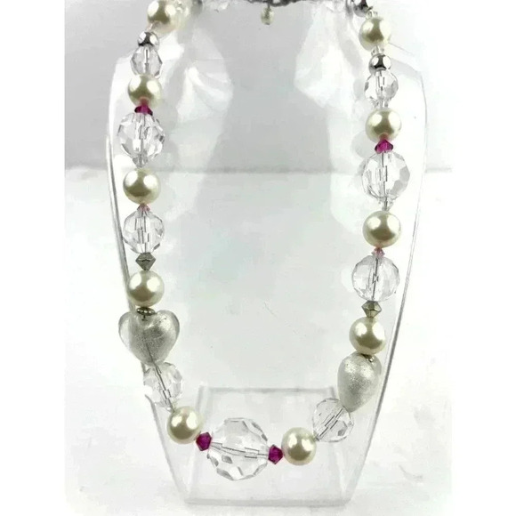 Clear Chunky Glass Heart Plastic Beaded Necklace Wired Faux Pearl 18" long - Picture 5 of 11